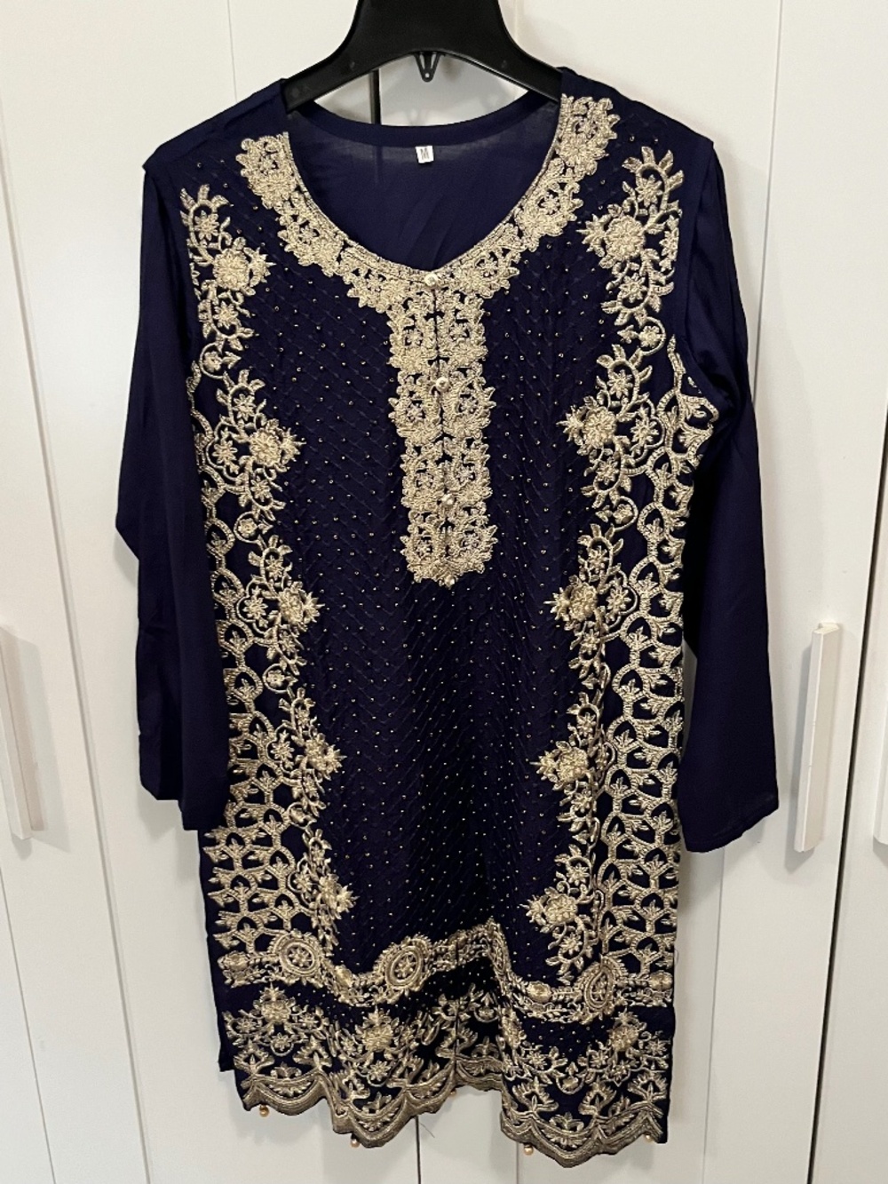 navy blue gold tunic dress, qamees, pakistani indian dress